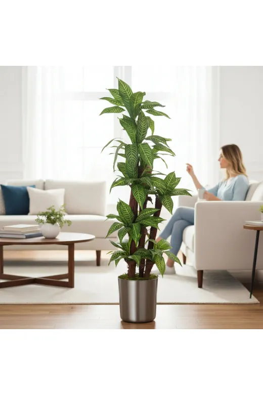 ERHAN FLOWERS ERH-A-1261 Yapay Dracaena 180 Cm - 3 Gövdeli Zebra Desenli Yapay Ağaç Metal Gümüş Saksı