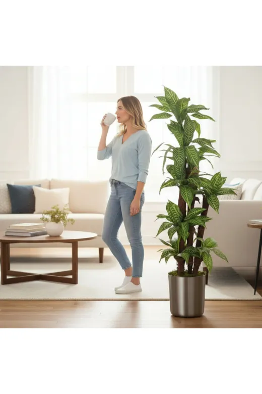 ERHAN FLOWERS ERH-A-1261 Yapay Dracaena 180 Cm - 3 Gövdeli Zebra Desenli Yapay Ağaç Metal Gümüş Saksı
