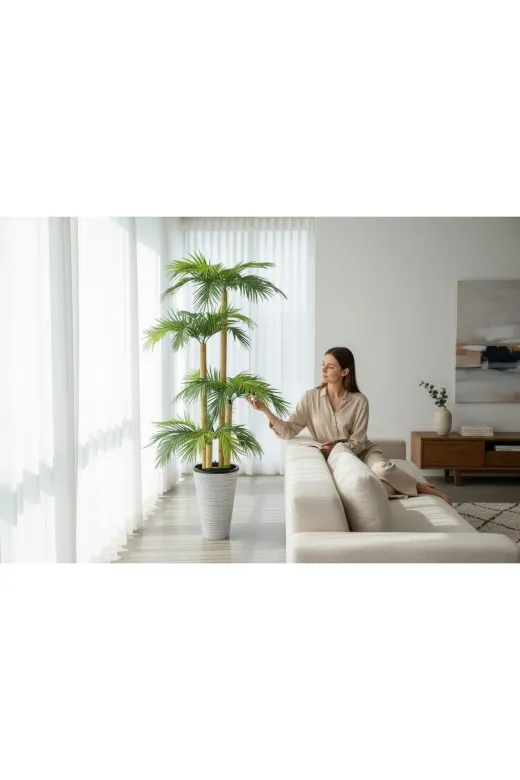 ERHAN FLOWERS erh.1673 Yapay Palmiye Ağacı Bambu 4 Gövdeli 36 Yaprak 145 Cm Kumsal Plastik Saksılı