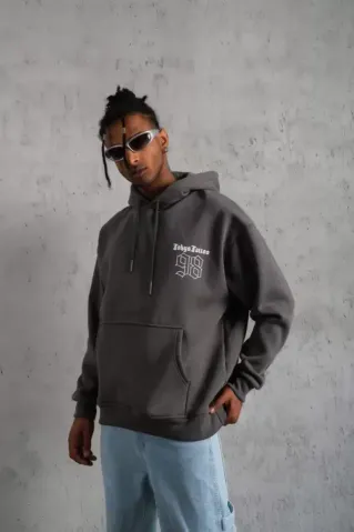 Erkek 98 Baskılı Kapşonlu Sweat - Gri - S - Gri
