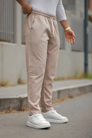 Erkek Beli Bağcıklı çizgili Pantolon - 2XL - Bej