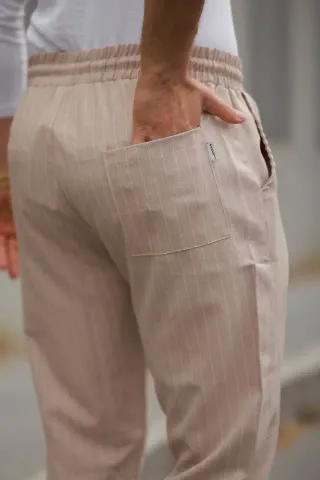 Erkek Beli Bağcıklı çizgili Pantolon - 2XL - Bej