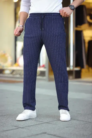 Erkek Cizgili Dokuma Krep Jogger Buggy Pantalon Rahat Kalıp - Lacivert - S - Lacivert
