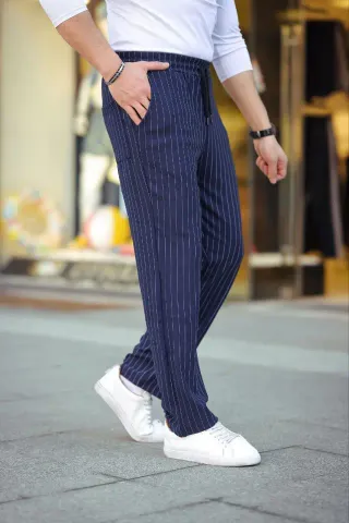 Erkek Cizgili Dokuma Krep Jogger Buggy Pantalon Rahat Kalıp - Lacivert - S - Lacivert
