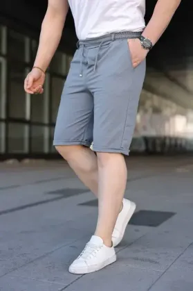 Erkek Diagonel Kumaş Duble Paça Cepli Bağcıklı Bel Lastikli ŞORT - Gri - S - Gri