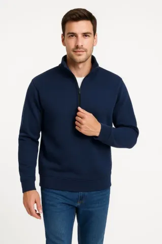 Erkek Dik Yaka Sweatshirt Dik Yaka Yarım Fermuarlı 3 İplik Şardonlu Pamuk Kumaş - Lacivert - XL - Lacivert