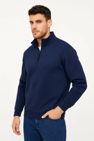 Erkek Dik Yaka Sweatshirt Dik Yaka Yarım Fermuarlı 3 İplik Şardonlu Pamuk Kumaş - Lacivert - XL - Lacivert