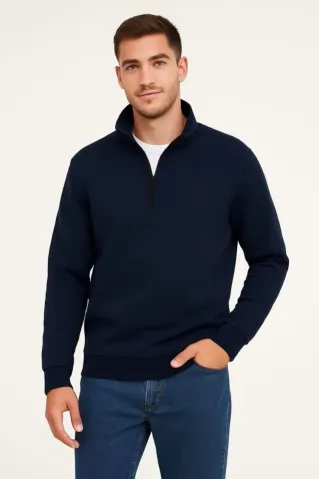 Erkek Dik Yaka Sweatshirt Dik Yaka Yarım Fermuarlı 3 İplik Şardonlu Pamuk Kumaş - Lacivert - XL - Lacivert