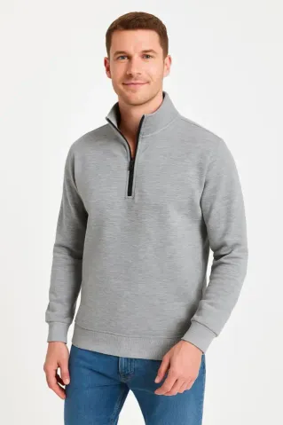 Erkek Dik Yaka Sweatshirt Dik Yaka Yarım Fermuarlı 3 İplik Şardonlu Pamuk Kumaş - Gri - S - Gri