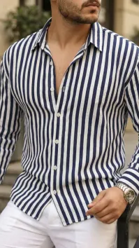 Erkek Dikey Çizgili Yarım Oversize Gömlek
