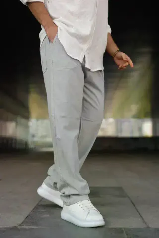 Erkek Ham Keten Beli Lastikli Cepli Regular Fit Boru Paça Pantolon - Gri - XL - Gri