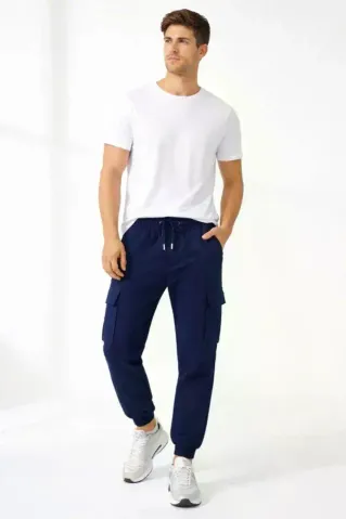 Erkek Jogger Eşofman Altı Regular Fit , Kargo Cepli, Lastikli Paça, Günlük Spor Pantolon - Lacivert - XL - Lacivert