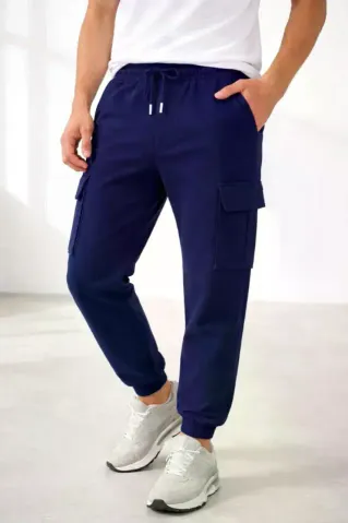 Erkek Jogger Eşofman Altı Regular Fit , Kargo Cepli, Lastikli Paça, Günlük Spor Pantolon - Lacivert - S - Lacivert