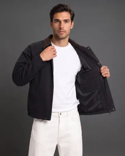 Erkek Kadife Gömlek Yakalı Fermuar Detaylı Iç Astar Ve Iç Cepli Ceket - XL - Siyah