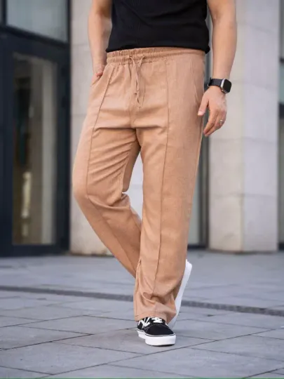 Erkek Keten Cepli Çıma Dikişli Jogger Buggy Pantalon Rahat Kalıp - Kahverengi - S - Kahverengi