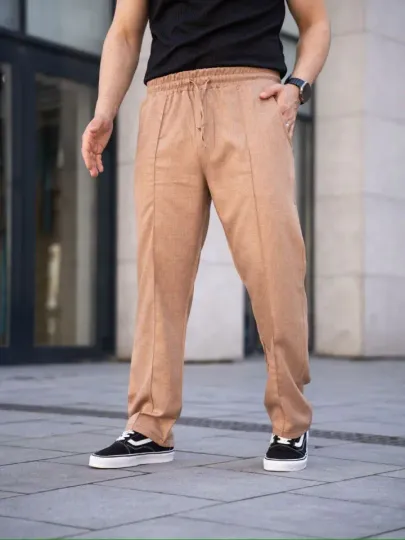 Erkek Keten Cepli Çıma Dikişli Jogger Buggy Pantalon Rahat Kalıp - Kahverengi - S - Kahverengi