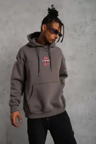 Erkek Maske Baskılı Kapüşonlu Sweat - Gri - L - Gri