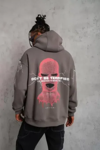 Erkek Maske Baskılı Kapüşonlu Sweat - Gri - M - Gri