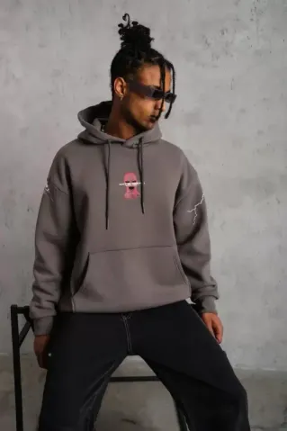 Erkek Maske Baskılı Kapüşonlu Sweat - Gri - XL - Gri