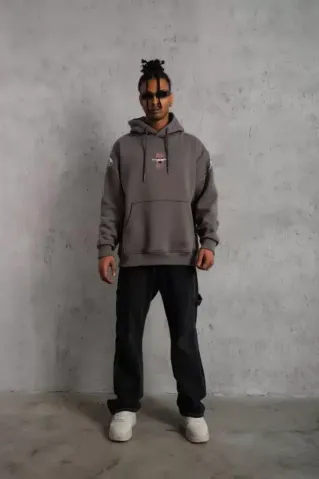 Erkek Maske Baskılı Kapüşonlu Sweat - Gri - XL - Gri