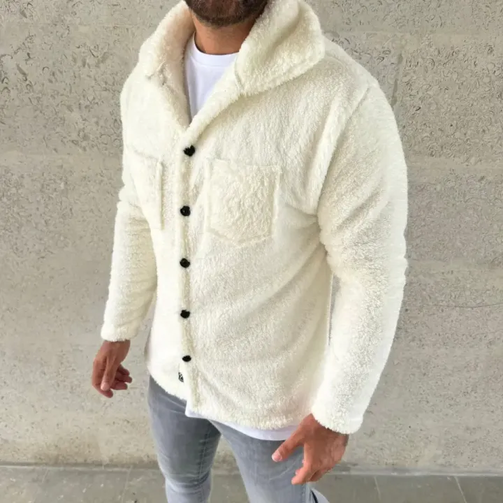 Erkek Pelüş Polar Hırka Gömlek – Yakalı, İlik Düğmeli, Göğüs Cepli, Yumuşak Dokulu Kışlık Regular Fit Rahat Günlük Model - Beyaz - L - Beyaz