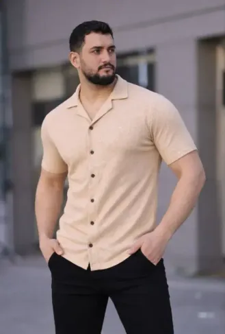 Erkek Waffle Dokuma Açık Yakalı Düğmeli Regular Kalıp 3’lü Gömlek Seti - Bej, Beyaz, Lacivert - XS - Çok Renkli