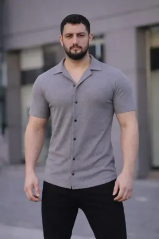 Erkek Waffle Kumaş Kısa Kollu Düğmeli Açık Yaka Regular Fit Gömlek - Gri - 2XL - Gri