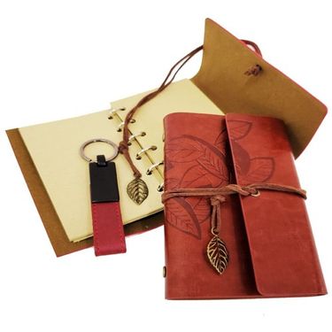 ETT 562741422869 Dekoratif Ahşap Kutulu Kahverengi Deri Defter Ve Anahtarlık Set