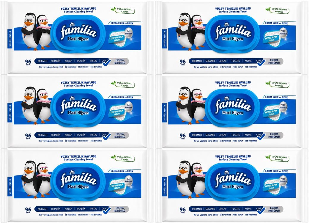Familia Yüzey Temizlik Havlusu 96 Yaprak Maxi Hijyen Kabartma Doku Plastik Kapaklı 6 Lı Set 576 Yprk