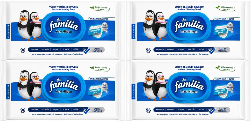 Familia Yüzey Temizlik Havlusu 96 Yaprak Maxi Hijyen Kabartma Doku Plastik Kapaklı 4 Lü Set 384 Yprk