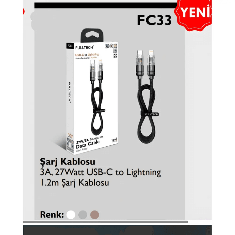 FC33f Fulltech Fc33 Type-C To Lightning 27W/3A Transparent 1.2M Kablo