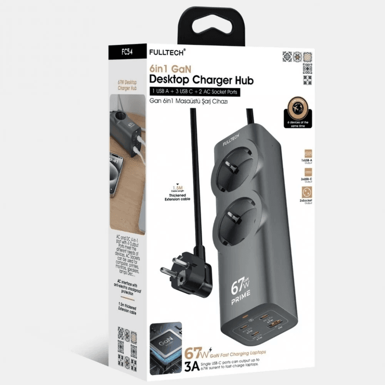 FC54 Fulltech Akım Korumalı Priz, Güç Şeridi, 67W Gan Hızlı Şarj Adaptörü, Tam Zamanlı 6 Bağlantı Noktası, 2X Priz Girişi, 1X Usb Girişi, 3X Type-C Girişi, Yüksek Verimlilik (1.5 Metre)