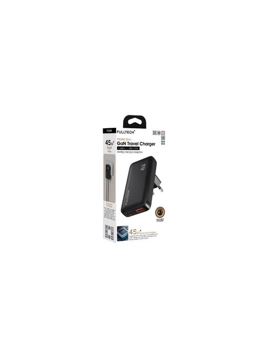 Fulltech Fc69 45W, Hızlı Şarj Adaptörü 1Xusb-A + 1Xusb-C Çıkışlı, Gan Yenilikçi Hızlı Ince Şarj Adaptörü