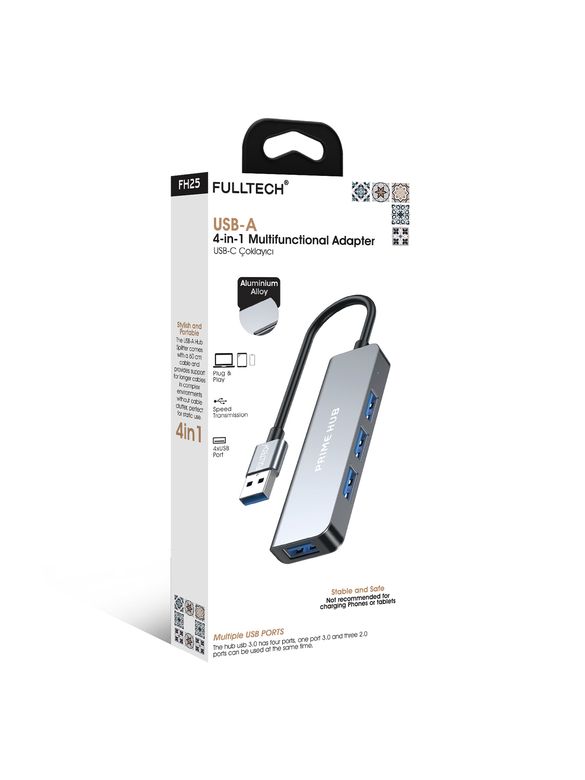 Fulltech Fh25 Usb-A 4'lü Çoklayıcı 3X Usb 2.0 + 1X Usb 3.0 Hızlı Veri Aktarımı Tak-Çalıştır Destekli  Alüminyum Gövde