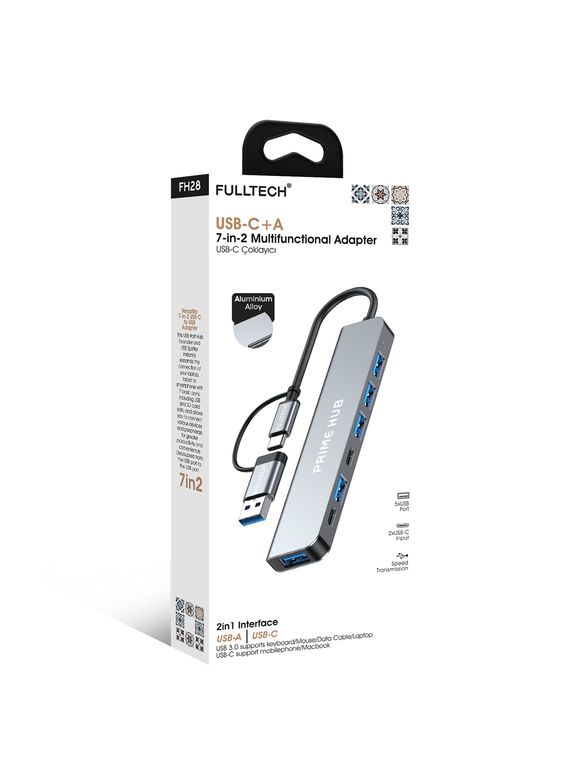 Fulltech Fh28 7-In-2 Usb-C+A Çoklayıcı | 5X Usb Girişi + 2X Usb-C | 5Gbps Hızlı Veri Aktarımı | Laptop & Macbook Uyumlu Çoklu Port Adaptör