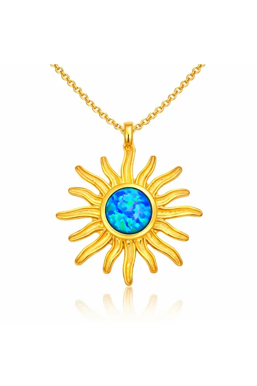 Generic DMR-GMSH-BRKD-PT11003061 Gümüş Gold Mavi Opal Taşlı Güneş Kadın Kolye