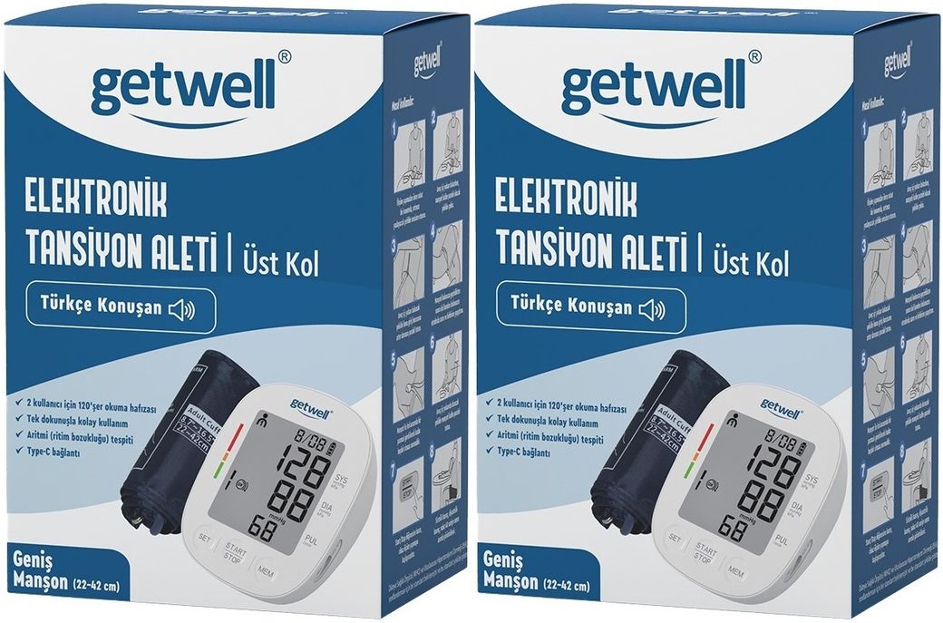 Getwell Konuşan Üst Koldan Tansiyon Aleti - Ölçme Cihazı (Geniş Manşon) (2 Li Set)