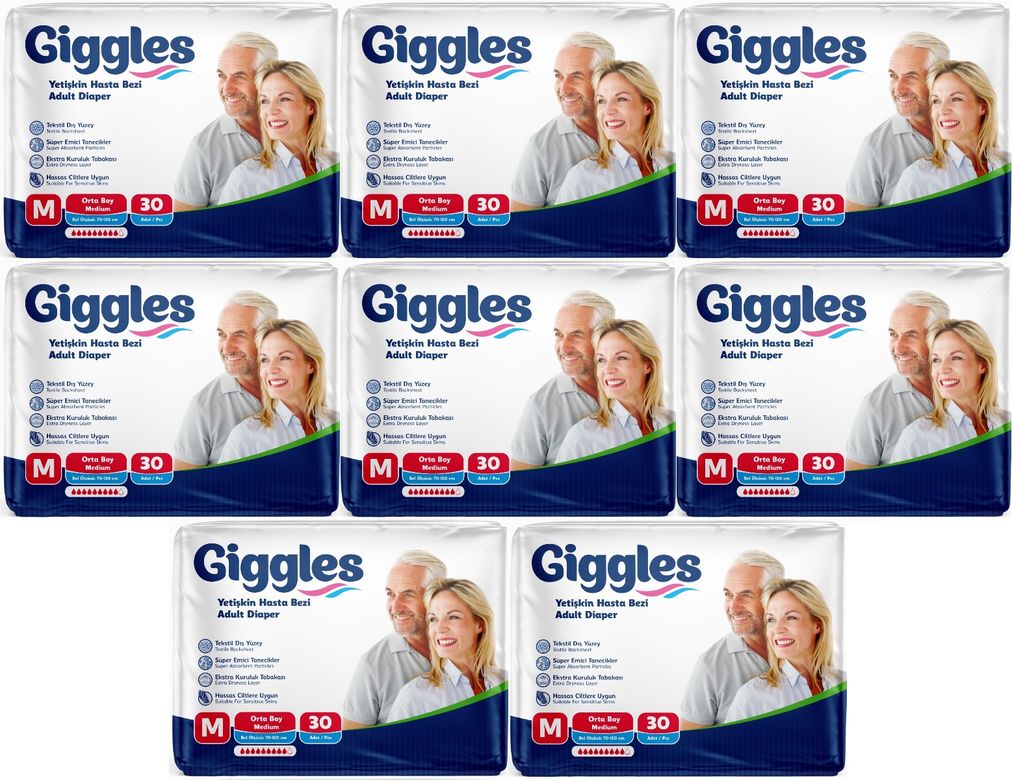 Giggles Yetişkin Bezi Bel Bantlı Tekstil Yüzey Orta - Medium (M) 240 Adet (8PK*30)