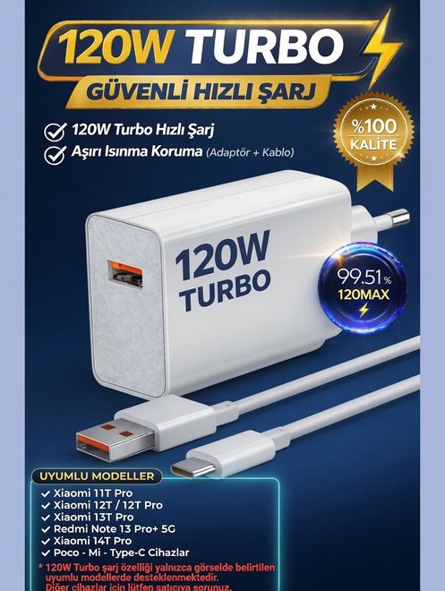 Gunkes 120W (Watt) Turbo Hızlı Şarj Adaptör+Kablo(Set) Tüm Telefonlarla Uyumlu Turbo Hızlı Şarj Aleti Seti Beyaz