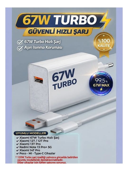 Gunkes Type-C 67 Watt Turbo Hızlı Şarj Aleti Adaptör+Kablo(Set) 67W (Watt) Xiaomi Redmi Note 11/11Pro/12/12 Pro/13/13Pro Uyumlu Xiaomi,realme,oppo (67W Destekleyen Type-C Cihazlar)