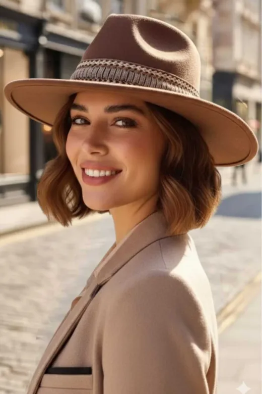 GZL12309560 Kadın Geniş Kenarlı Bohem Tarz Şeritli Fedora Kaşe Şapka