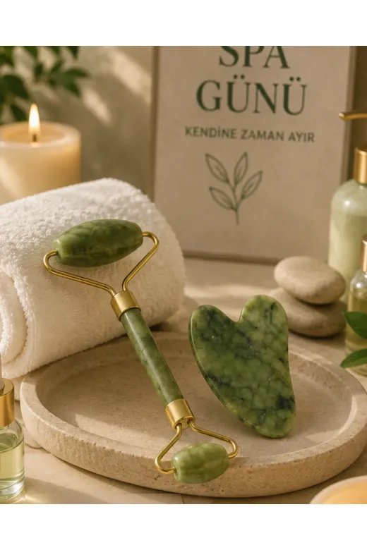 Hafk HFK-MMEYTDXXUCZZZYEMTAI-1 Mey İthalat® Jade Stone Yüz Bakım Seti Gua Sha Ve Roller Masaj Taşı