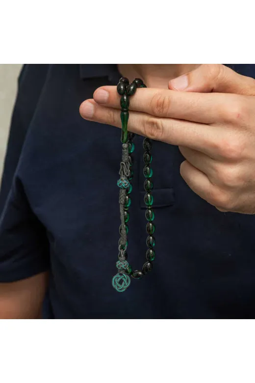 Harem Altın BD11005234 Gümüş Kazaz Püsküllü Yeşil Sıkma Kehribar Tesbih