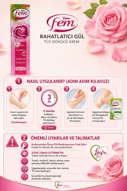 HOBBY FM073110EX Dabur Fem Tüy Dökücü Krem 110G - Hassas Ciltler İçin Gül Rahatlatıcı