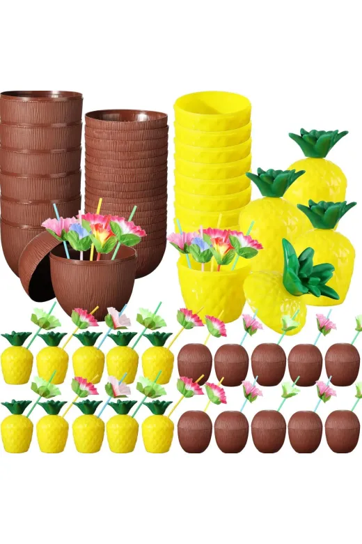 Hobibahçem GROUP-1964068 Mey İthalat® Tropikal Parti Bardak Seti – Ananas Ve Hindistan Cevizi Şekilli Pipetli Bardaklar (20 A