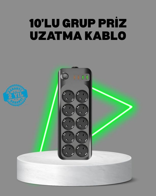 Hobibahçem MEYTDUCZZZ10LUPRİZ-BLMY Mey İthalat Termal Akım Korumalı 10 Lu Grup Priz Usb Type-C Hızlı Şarj 2500W 2M Kablo 0-2
