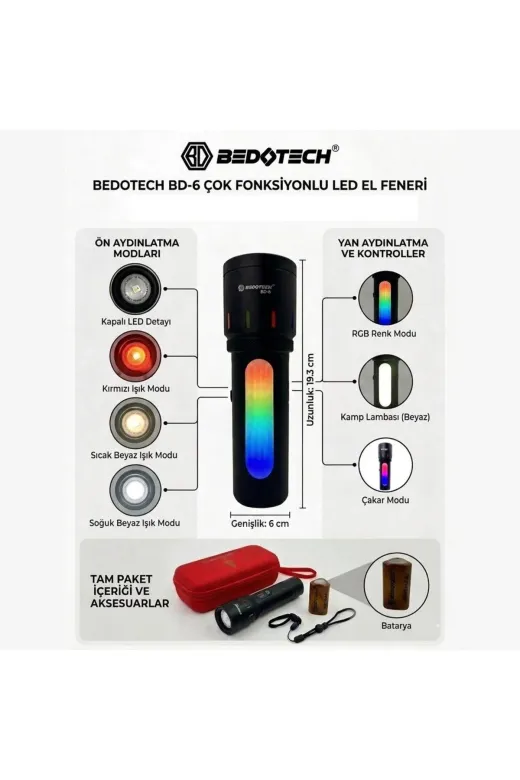 Hsc bilişim klt8912733380644 Bedotech Bd-6 30W Tg + Rgb Led Alüminyum Alaşımlı Zoomlu Type-C Pil Göstergeli Şarjlı El Feneri