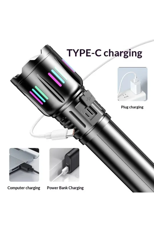 Hsc bilişim klt8912733834864 Bedotech Bd-5501 50W Tg Led Alüminyum Alaşımlı Zoomlu Dijital Göstergeli Type-C Şarjlı El Feneri