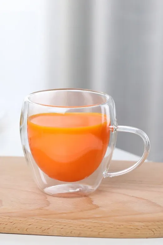 HubbyChef 20CDRLIKULP01 Çift Camlı Cidarlı Cam Kupa 250Ml Ev Ofis Fincanı Çift Katlı Isı Yalıtımlı Kulplu Cam Bardak 2Li Set