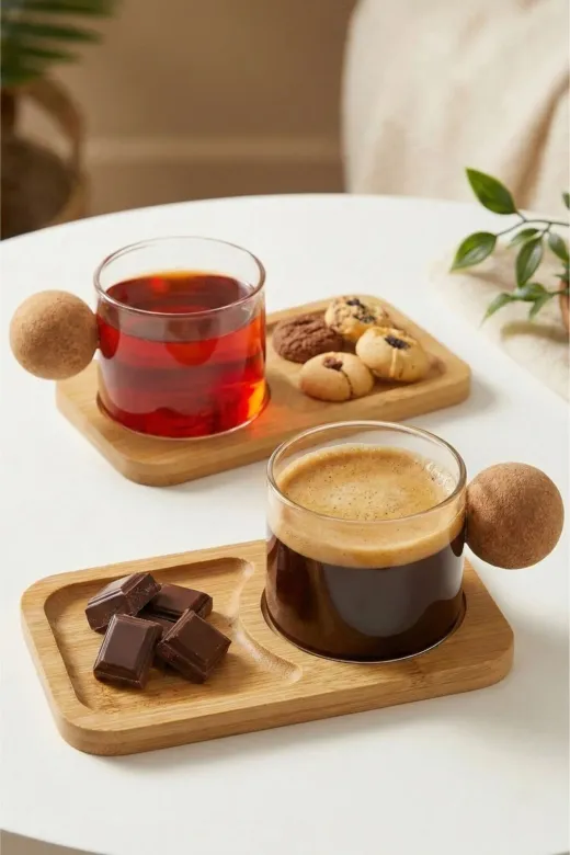 HubbyChef 22ESPBMBRD01 6'lı Bambu Tabaklı Espresso Kahve Bardağı Takımı